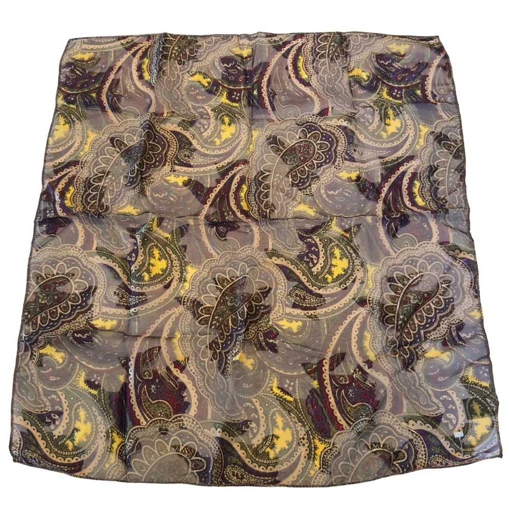 Vintage Paisley Sheer Square Scarf Purple‎ Gold Metallic Silk Feel Neckerchief